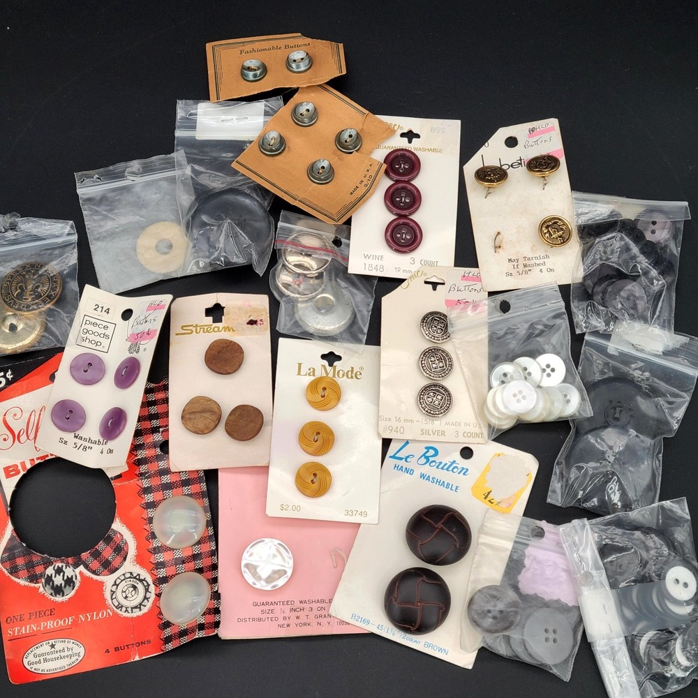 Lot of Vintage Buttons - Assorted Sizes - Some on Cards, Some Loose